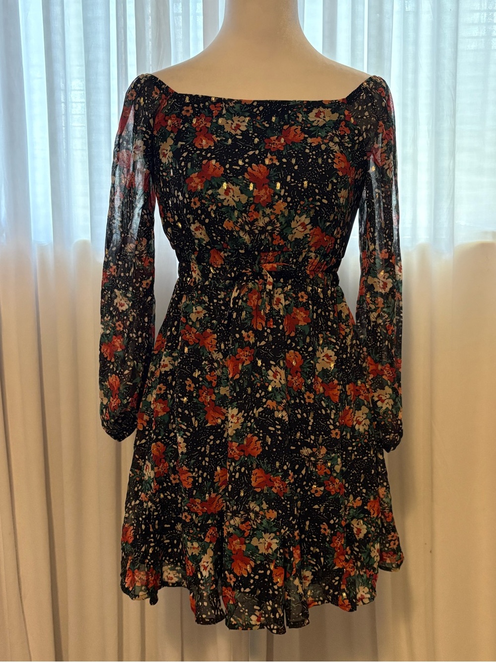 Franki by Francesca’s Girls black floral dress with gold detailing, size L